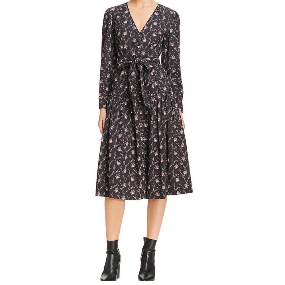 Rebecca Taylor Cotton Black Dress with Pink Floral Print XS